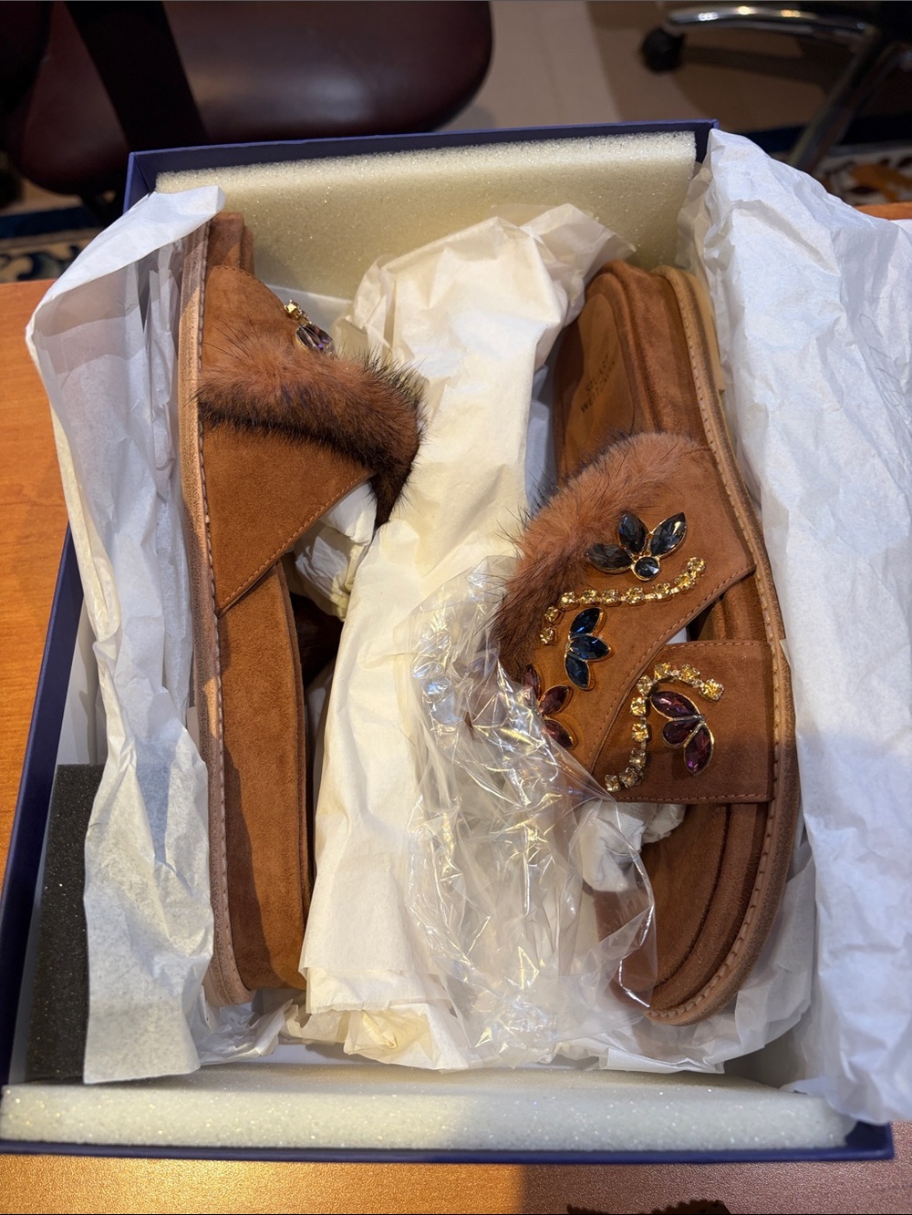 BRAND NEW STUART WEITZMAN SIZE 6.5 MINK Fur BROWN Suede Slide Sandals WITH GEMS